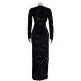 Solid Color Sparkling Sexy Split Maxi Dress
