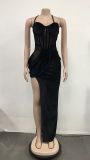 Fashion Women's Solid Color Mesh Straps Slit Long Dress