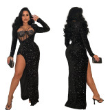 Solid Color Sparkling Sexy Split Maxi Dress