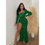 Solid Color Sparkling Sexy Split Maxi Dress