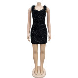 Solid Color Feather Sparkle Sleeveless Mini Dress