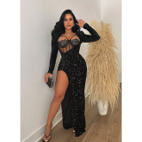 Solid Color Sparkling Sexy Split Maxi Dress