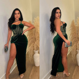 Fashion Women's Solid Color Mesh Straps Slit Long Dress