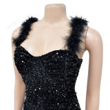 Solid Color Feather Sparkle Sleeveless Mini Dress