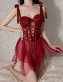 Sheer Mesh Perspective with Push-up Padded Cups Strappy Sleeves Lingerie Set