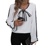 Contrast Binding Split Sleeve Tie Neck Blouse