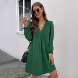 Flounce Sleeve V Neck Shirred Long Sleeve Dress