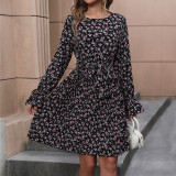 Ditsy Floral Print Flare Sleeve Belted Dress