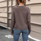 Solid Color O Neck Hollow Pullover Sweater