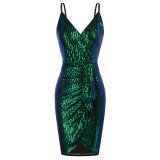 Spaghetti Straps V-Neck Sparkling Tight-Fit Evening Gown