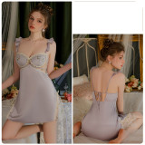 Ice Silk Floral Pajamas Set with Push-Up Padded Camisole and Sleep Dress