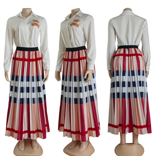 Simple Fashion Single-breasted Hot Drilling Shirt + Long Skirt