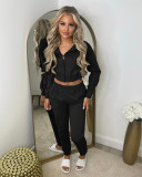 2023 Fleece Cropped Zip Up Hooded Tracksuit Pant Set