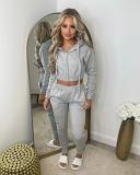 2023 Fleece Cropped Zip Up Hooded Tracksuit Pant Set
