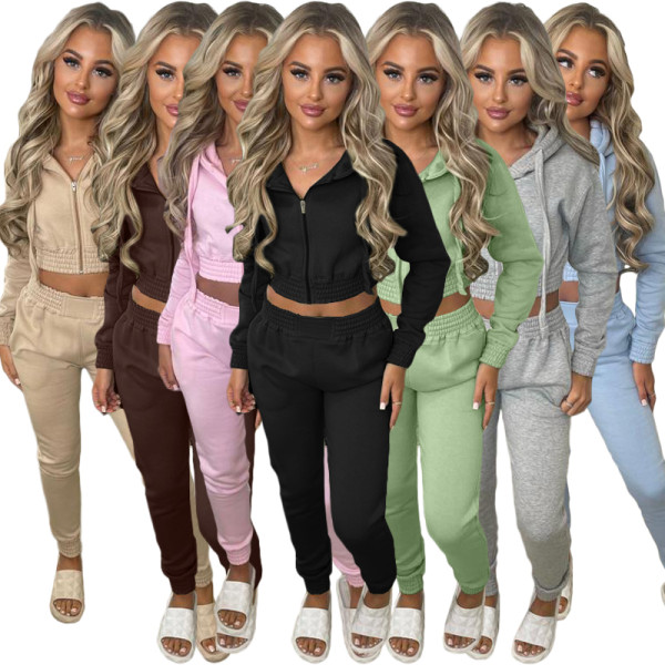 2023 Fleece Cropped Zip Up Hooded Tracksuit Pant Set