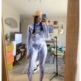 Cosplay Costume Female Woman Sexy Suit Color Element Blue Muscle Halloween Bodysuit Adults High-waisted Sports Jumpsuit
