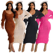 Casual Solid Knitted Tassel O Neck Long Sleeve Dresses with Pockets