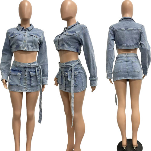 Fashion Denim Washed Women's Set Long Sleve Crop Jacket and Mini Skirts 2023 INS Jeans Two 2 Piece Sets Outfits