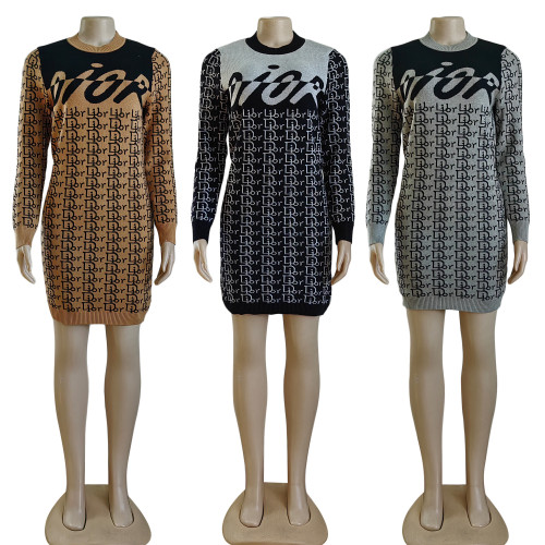 Fashion Round Neck Knitted Sweater Dress