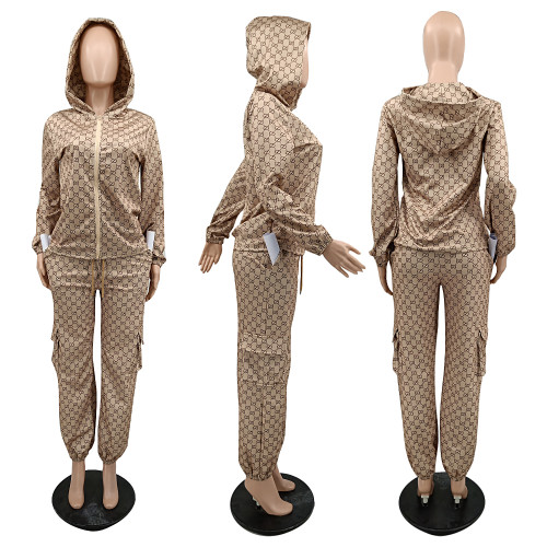 Workwear Style Casual Two Piece Loose Zipper Printed Hooded Pant Set with Pockets