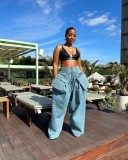 Solid Two Piece Set For Women Turtleneck Long Sleeve Short Top High Waist Spliced Pockets Wide Leg Pants Casual Sets Famale