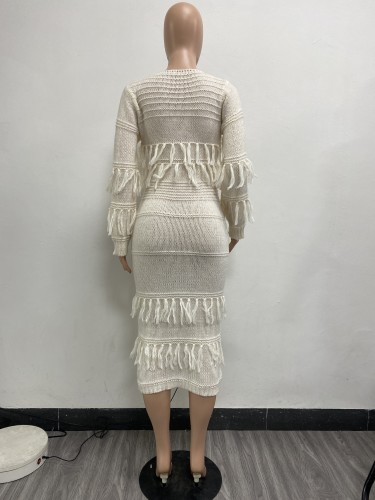 Casual Solid Knitted Tassel O Neck Long Sleeve Dresses with Pockets