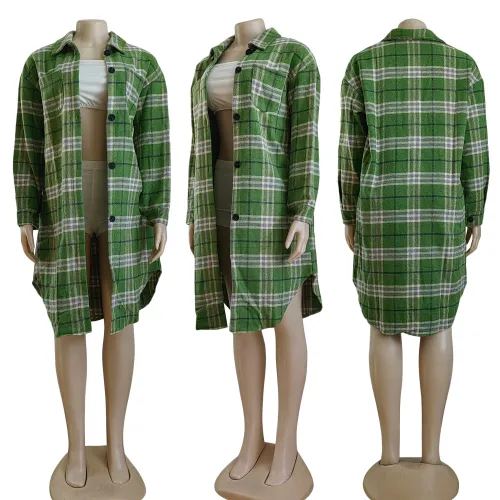 Casual Woolen Cloth Pocket Turndown Neck Plaid Shirt Coat