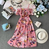 Boho Ruffle Vintage Floral Print Summer Off Shoulder Midi Long Dress Party Women Casual Spaghetti Strap Beach Holiday