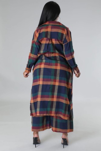 Women Plaid Long Sleeve Slit Side Maxi Long Shirt Top and Wide Leg Straight Pants Suit 2023 Two 2 Piece Set Outfits