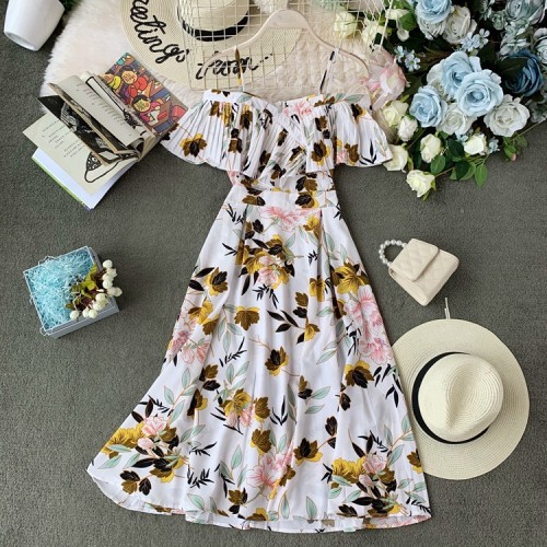 Boho Ruffle Vintage Floral Print Summer Off Shoulder Midi Long Dress Party Women Casual Spaghetti Strap Beach Holiday