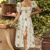 Womens Summer Boho Floral Dress Short Sleeve Flowy Split Maxi Dresses