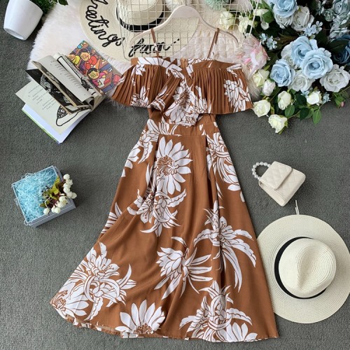 Boho Ruffle Vintage Floral Print Summer Off Shoulder Midi Long Dress Party Women Casual Spaghetti Strap Beach Holiday