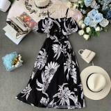 Boho Ruffle Vintage Floral Print Summer Off Shoulder Midi Long Dress Party Women Casual Spaghetti Strap Beach Holiday