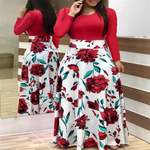 Fashion Women Long Maxi Dress Elegant Long Sleeve Dot Print Prom Dress Casual Evening Dress
