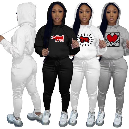 Winter Print Hooded Tracksuits Women Long Sleeve Sweatshirt + Jogger Pants Two Piece Sets Casual Matching 2pcs Outfits 2023
