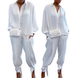Solid Shirt Collar Pit Pocket Top Pant Set