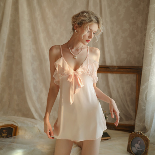 Deep V Straps Nightdress Ruffled Lace Bow Backless Pajamas