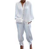 Solid Shirt Collar Pit Pocket Top Pant Set