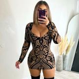 Brown Printed Long Sleeve Bodycon Dress