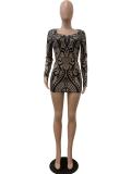 Brown Printed Long Sleeve Bodycon Dress