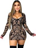 Brown Printed Long Sleeve Bodycon Dress