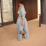 Solid Two Piece Set For Women Turtleneck Long Sleeve Short Top High Waist Spliced Pockets Wide Leg Pants Casual Sets Famale