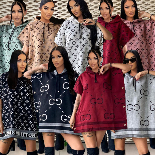 Socialite Printed Loose Hoodie Buttoned Wool Coat Dress