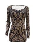 Brown Printed Long Sleeve Bodycon Dress