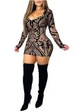 Brown Printed Long Sleeve Bodycon Dress