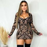 Brown Printed Long Sleeve Bodycon Dress