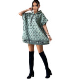 Socialite Printed Loose Hoodie Buttoned Wool Coat Dress