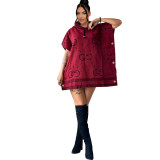 Socialite Printed Loose Hoodie Buttoned Wool Coat Dress