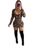 Brown Printed Long Sleeve Bodycon Dress