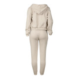Black Solid Color Cotton Blended Sports Hooded Sweatshirt Three Piece Set
